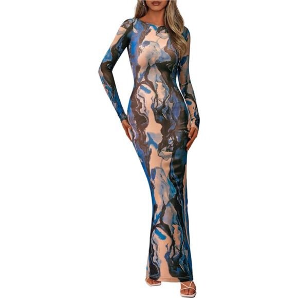 Bodycon Maxi Dress Long Sleeve Sexy Mesh 01 - Picture 1 of 7